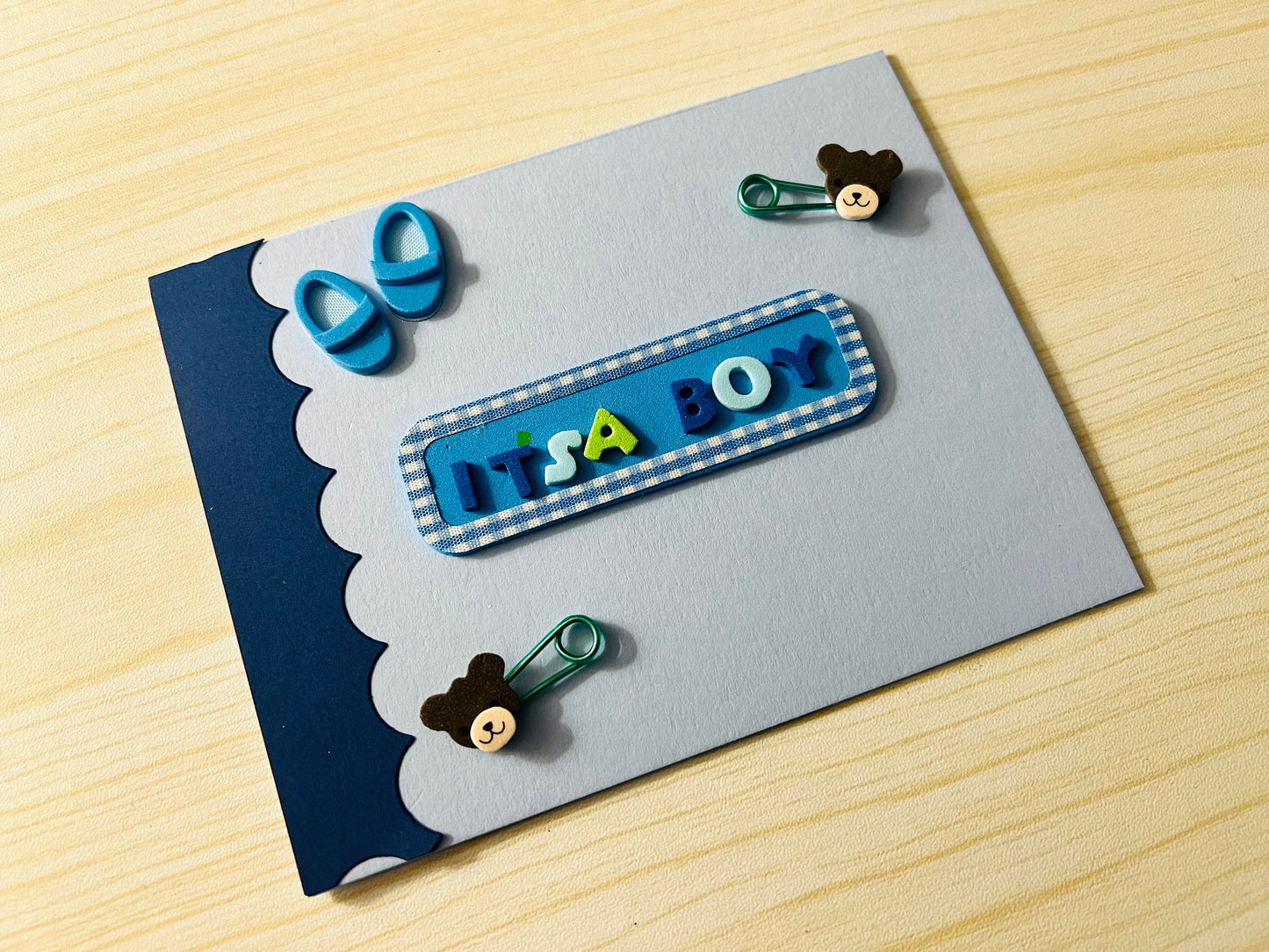 It’s a Boy: Bear Safety Pins and Baby Shoes Baby Card