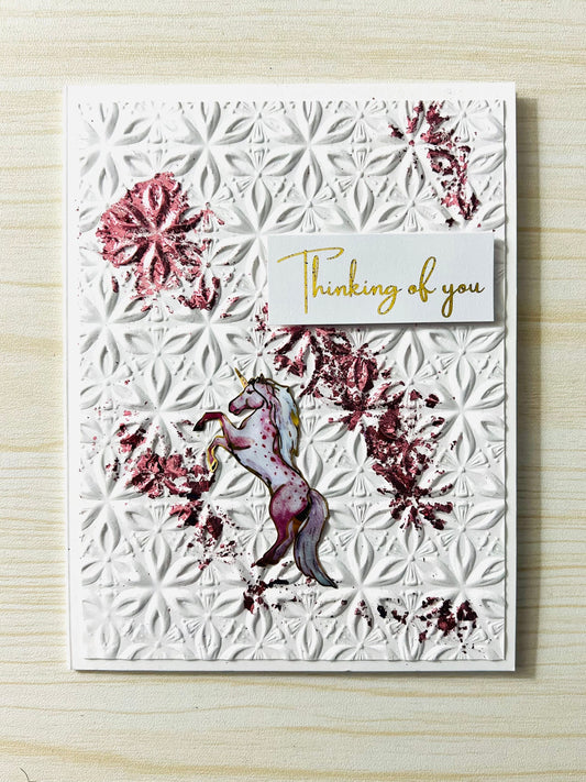 Unicorn Pink Foil Flaked Embossed Star Pattern Thinking of You Card
