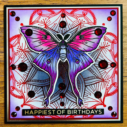 Lavender-Pink Moth Red Bejeweled Mandala Birthday Card