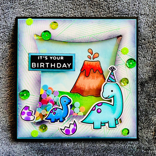 Dinosaurs and Volcano Background Shaker Birthday Card