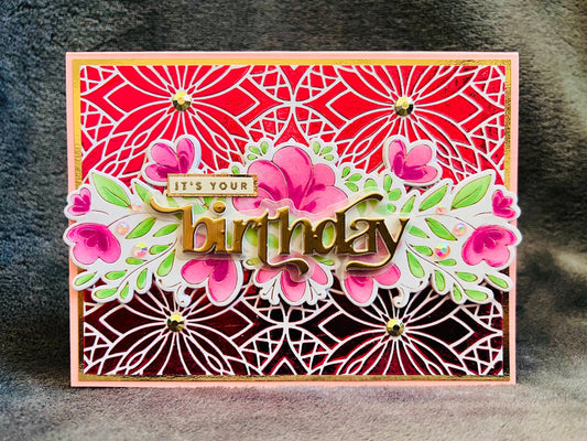 Delightful Pink Florals on Pink Foiled Petal Tiled Background Birthday Card