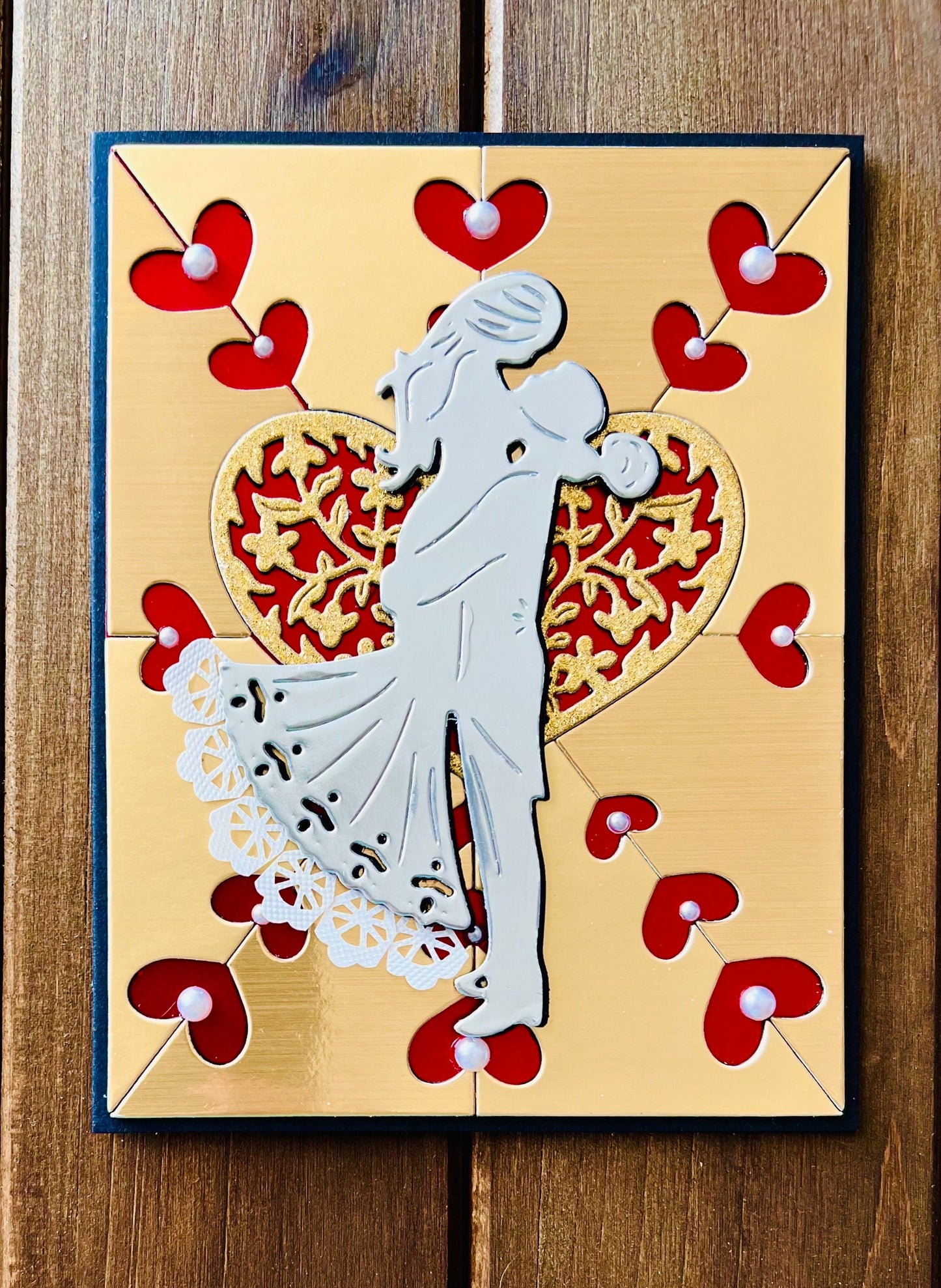 Silver Bride/Groom Silhouette on Gold Heart Cutout Background Blank Wedding Card