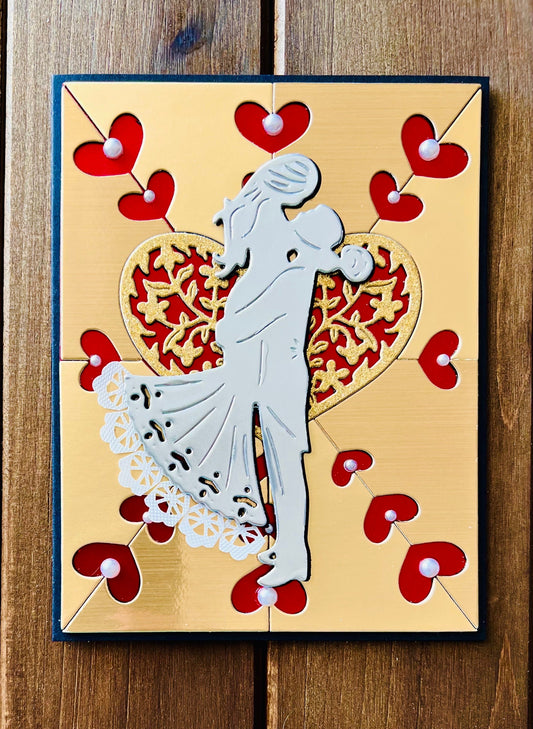 Silver Bride/Groom Silhouette on Gold Heart Cutout Background Blank Wedding Card