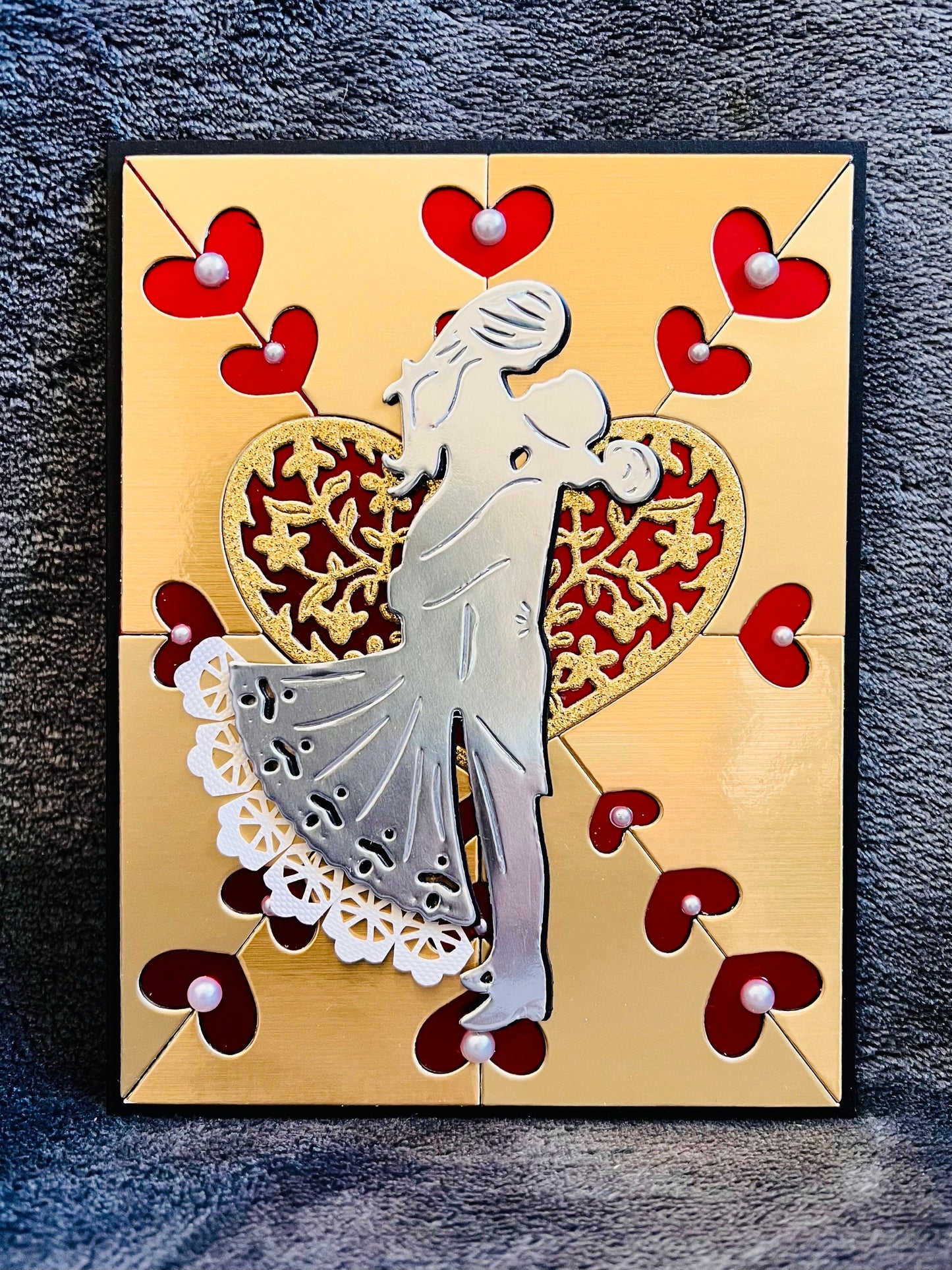 Silver Bride/Groom Silhouette on Gold Heart Cutout Background Blank Wedding Card