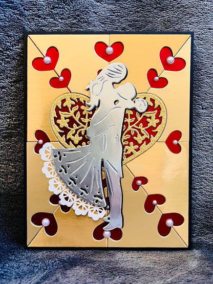 Silver Bride/Groom Silhouette on Gold Heart Cutout Background Blank Wedding Card