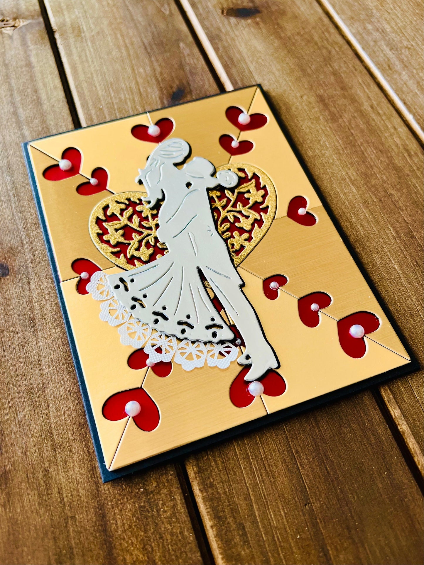 Silver Bride/Groom Silhouette on Gold Heart Cutout Background Blank Wedding Card