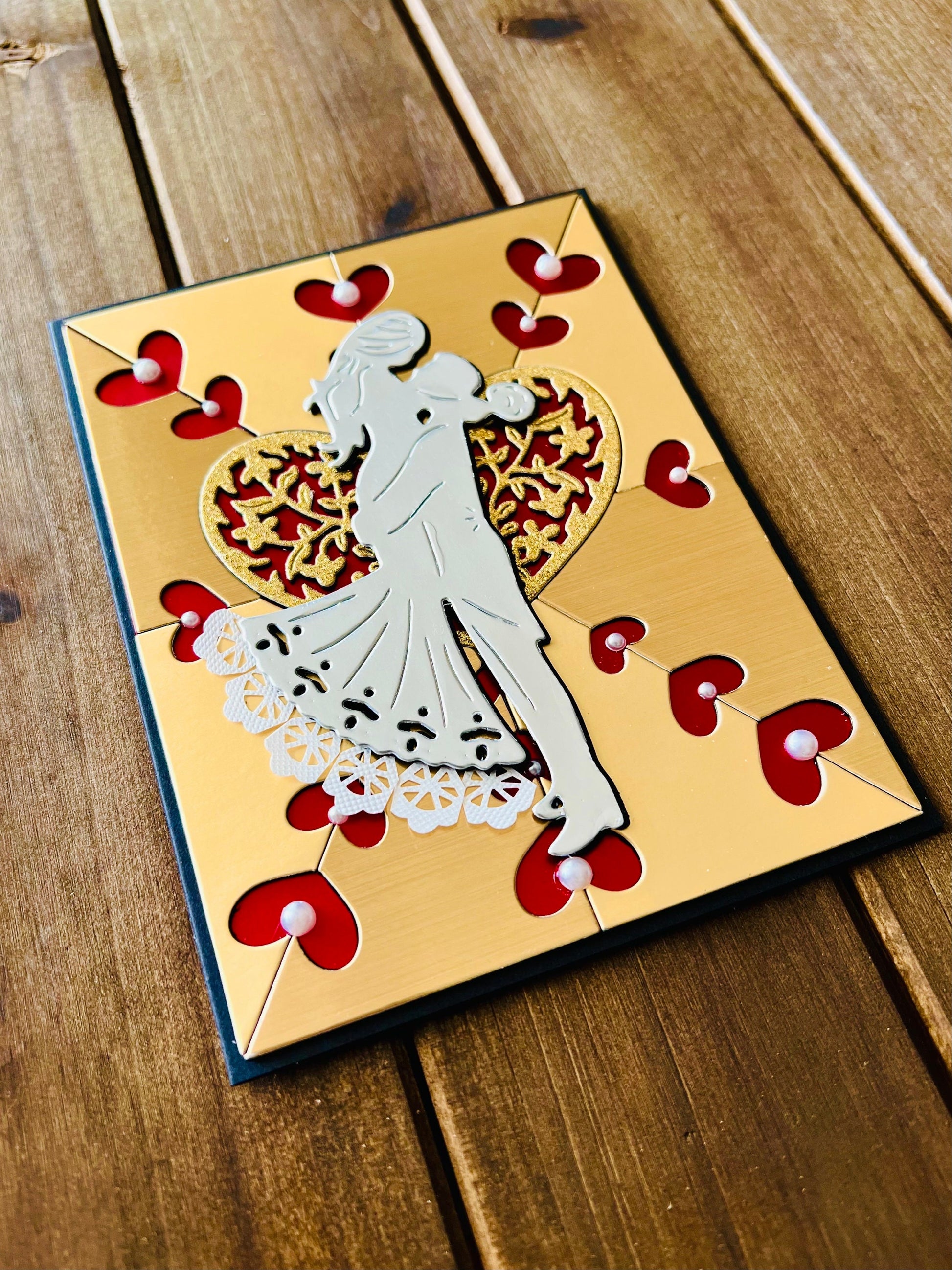 Silver Bride/Groom Silhouette on Gold Heart Cutout Background Blank Wedding Card