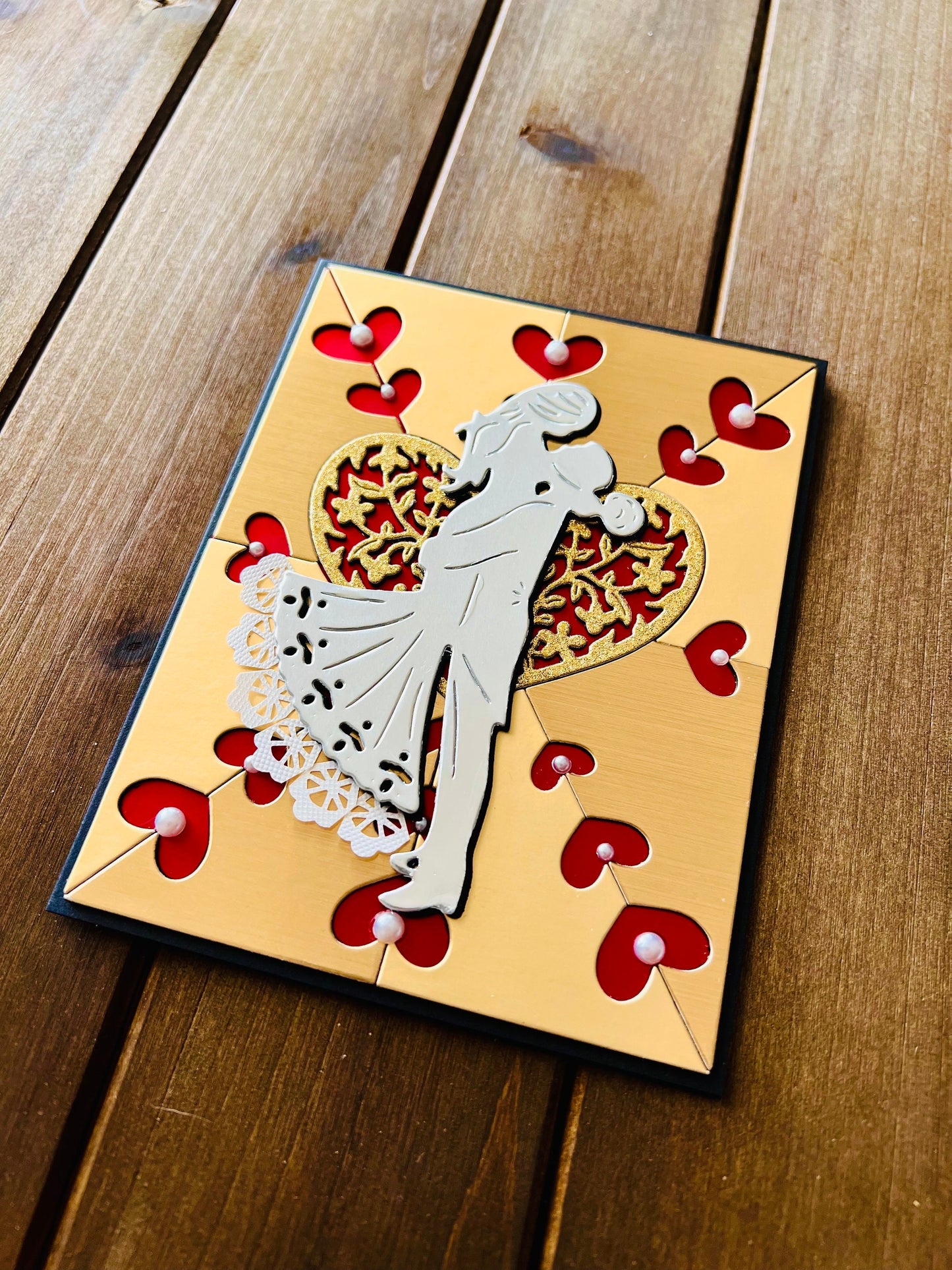 Silver Bride/Groom Silhouette on Gold Heart Cutout Background Blank Wedding Card