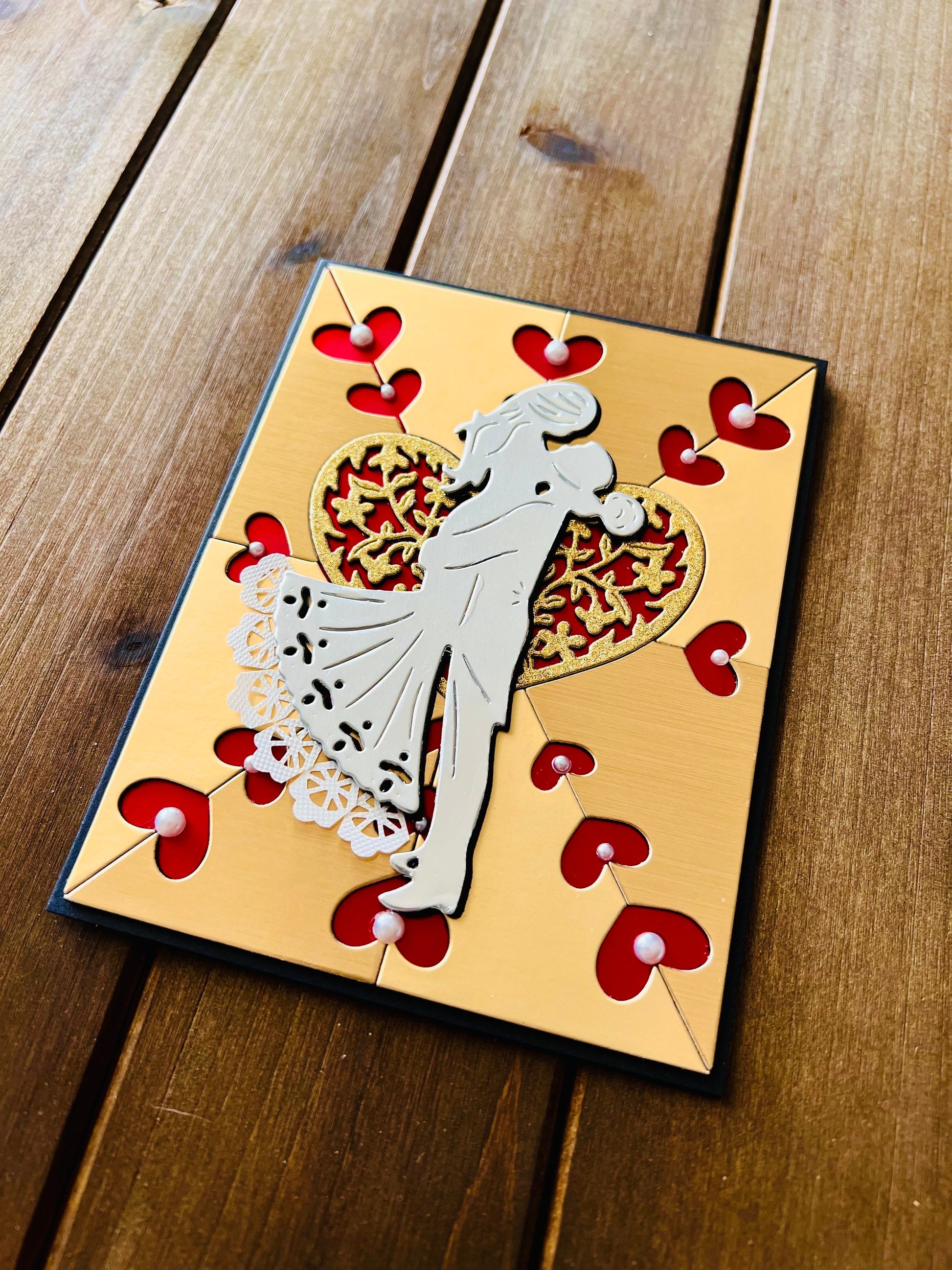 Silver Bride/Groom Silhouette on Gold Heart Cutout Background Blank Wedding Card
