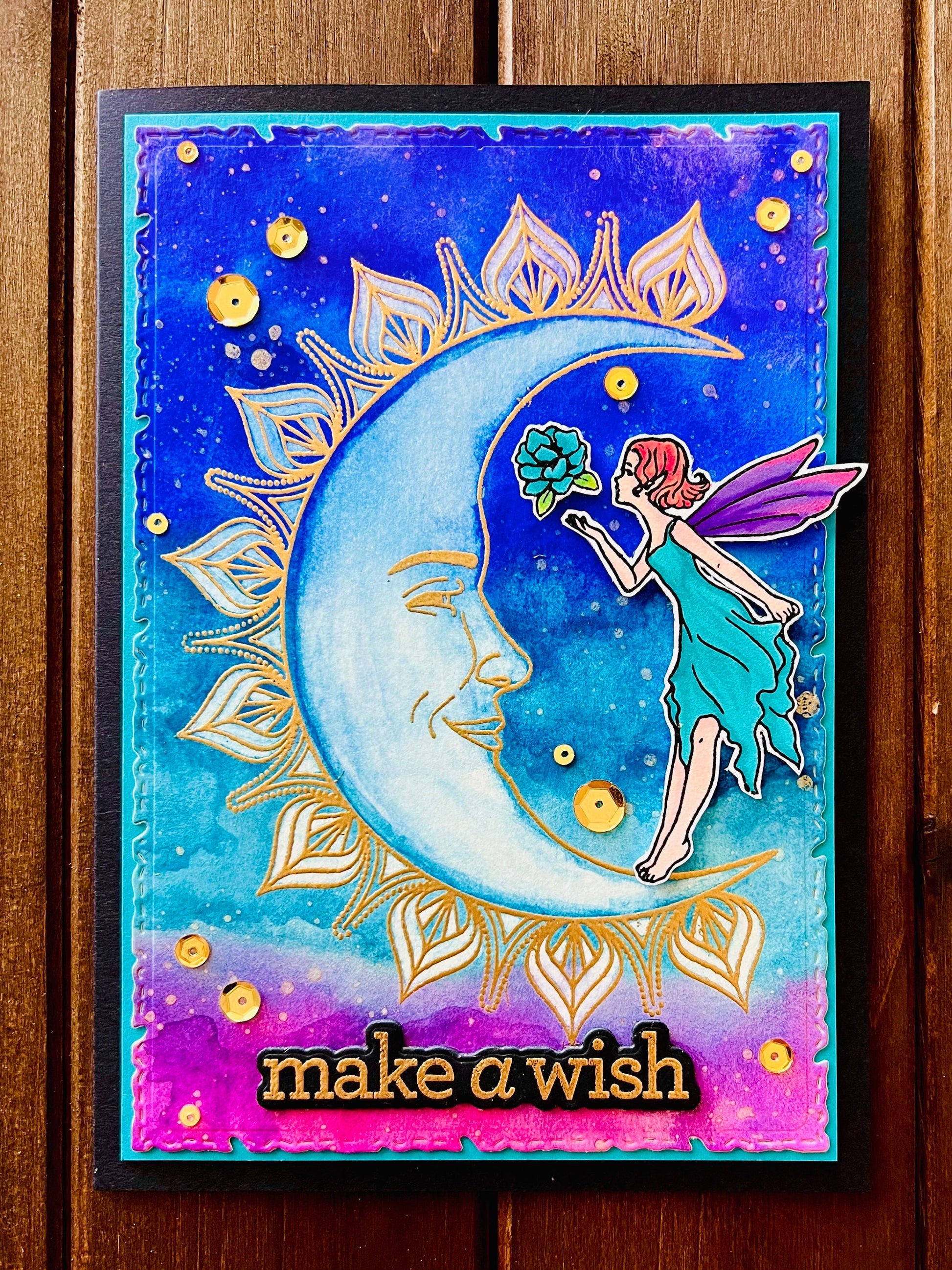 Moon Fairy Make a Wish Watercolored Sky Background Card
