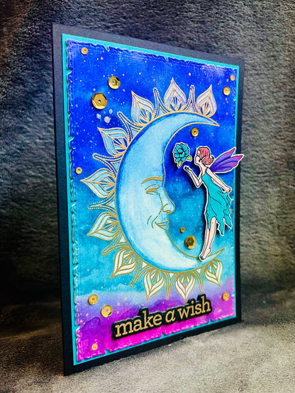 Moon Fairy Make a Wish Watercolored Sky Background Card