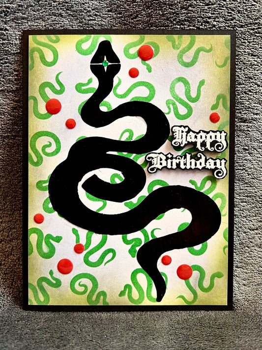 Black Foiled Serpent with Small Green Serpent Background Birthday Card