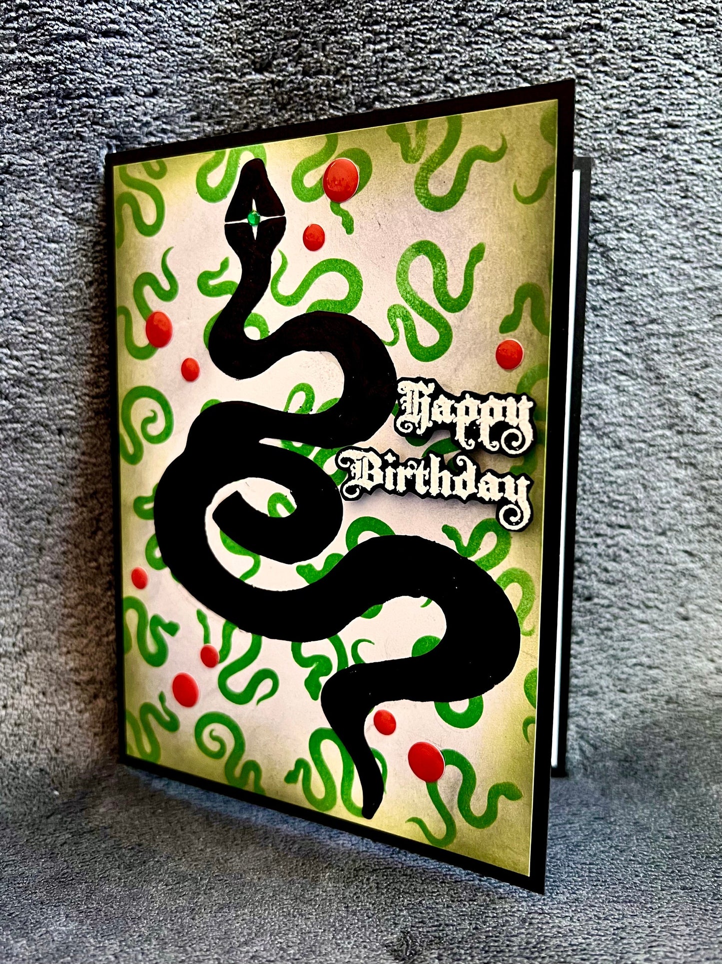 Black Foiled Serpent with Small Green Serpent Background Birthday Card