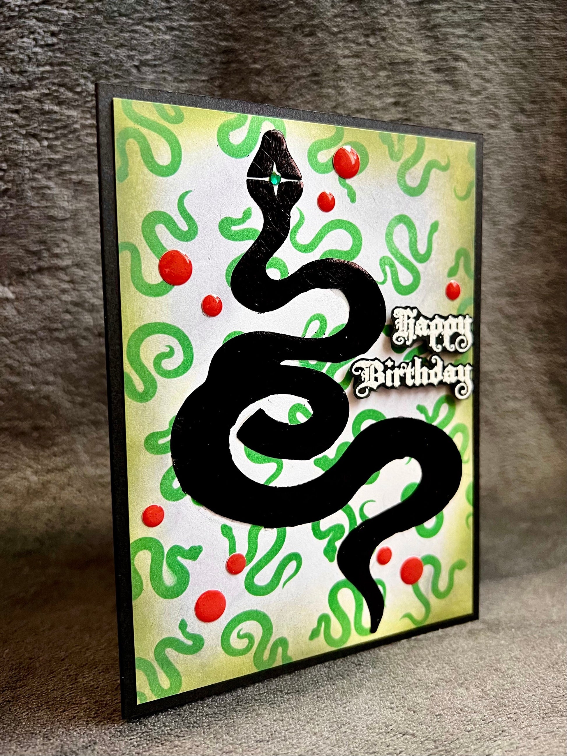 Black Foiled Serpent with Small Green Serpent Background Birthday Card