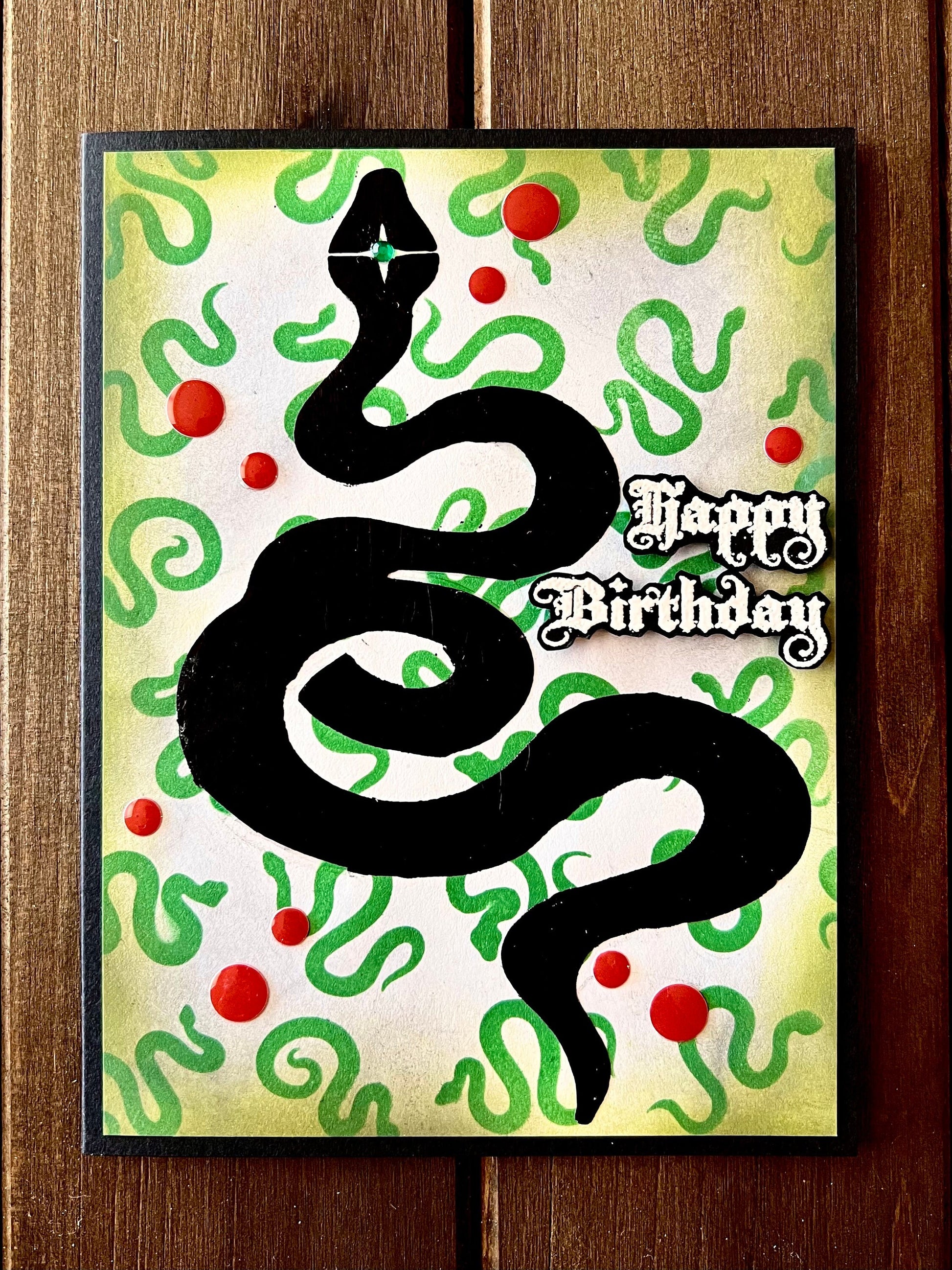 Black Foiled Serpent with Small Green Serpent Background Birthday Card