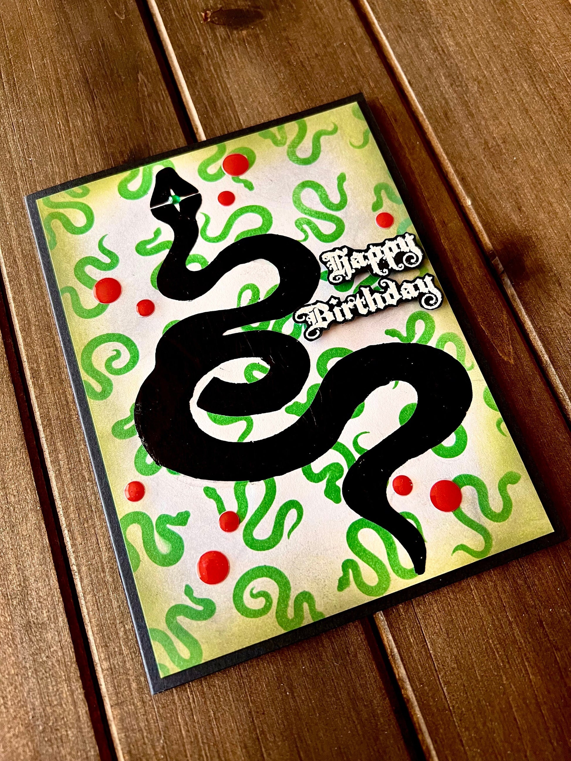 Black Foiled Serpent with Small Green Serpent Background Birthday Card
