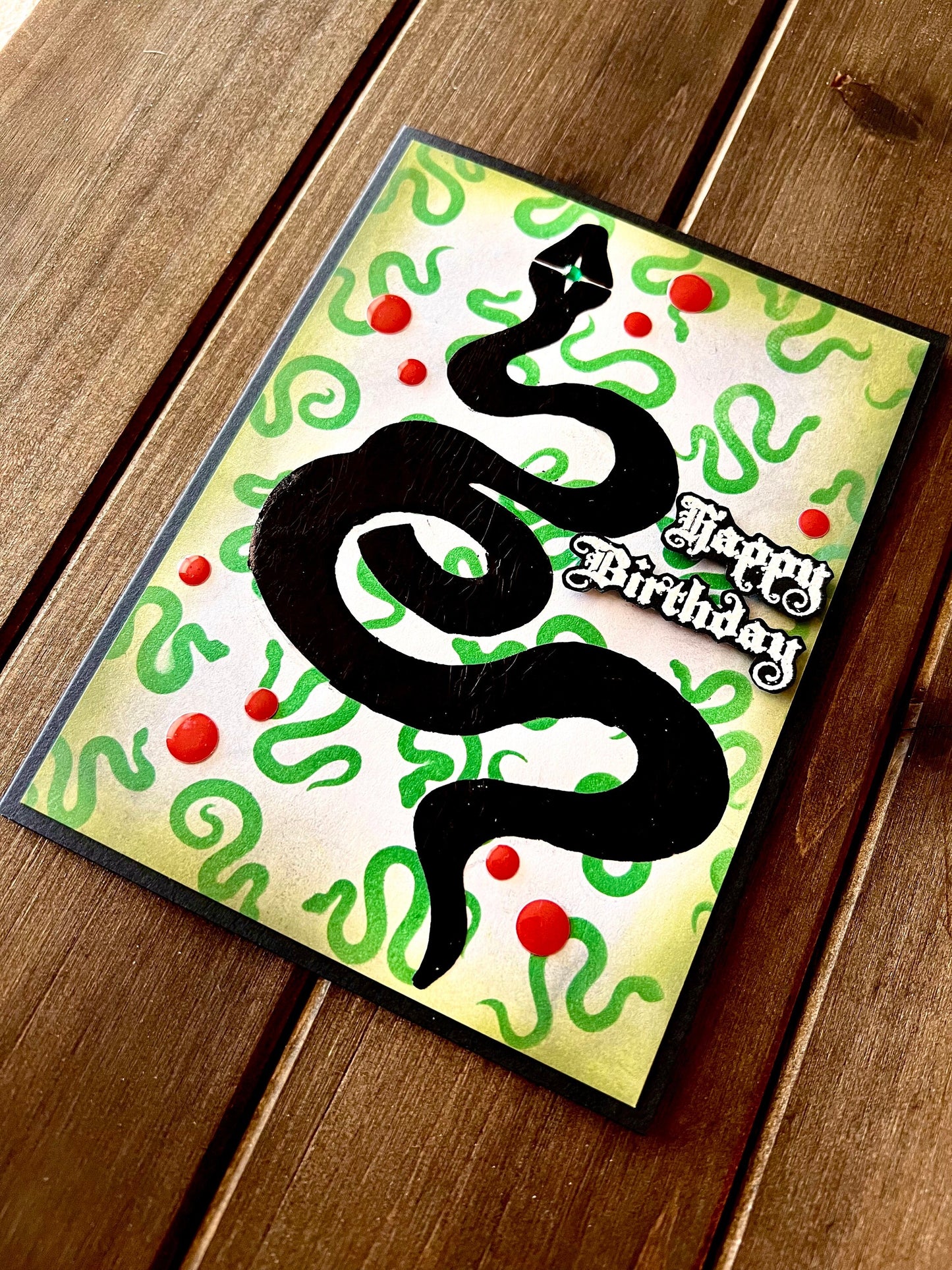 Black Foiled Serpent with Small Green Serpent Background Birthday Card