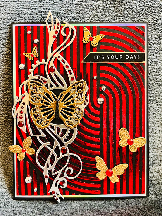 Gold Butterfly Celebration Card: Red Foil, Silver Scrollwork