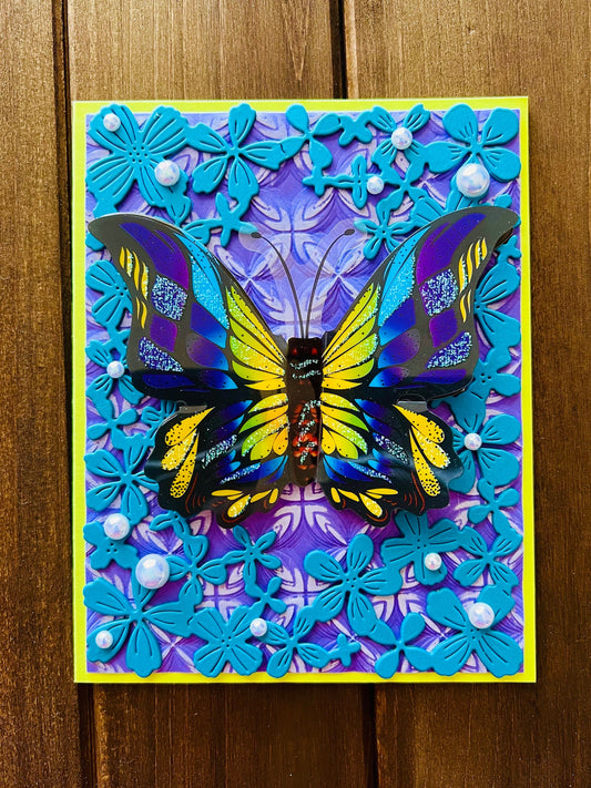 Large Dimensional Yellow, Blue and Purple Butterfly With Floral Frame Background Blank Card
