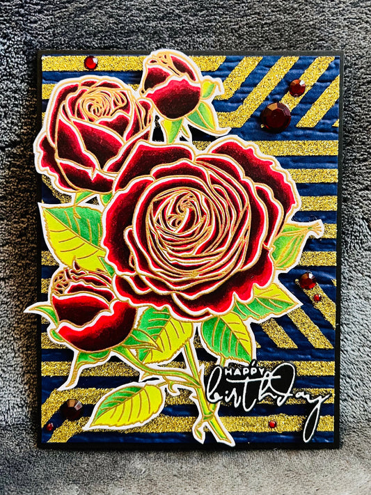 Red Roses Gold Glitter Birthday Card: Embossed Handmade Greeting