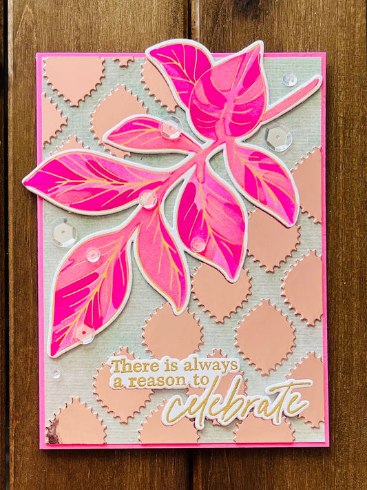 Gold Foiled Outline Pink Leaves Celebrate Card