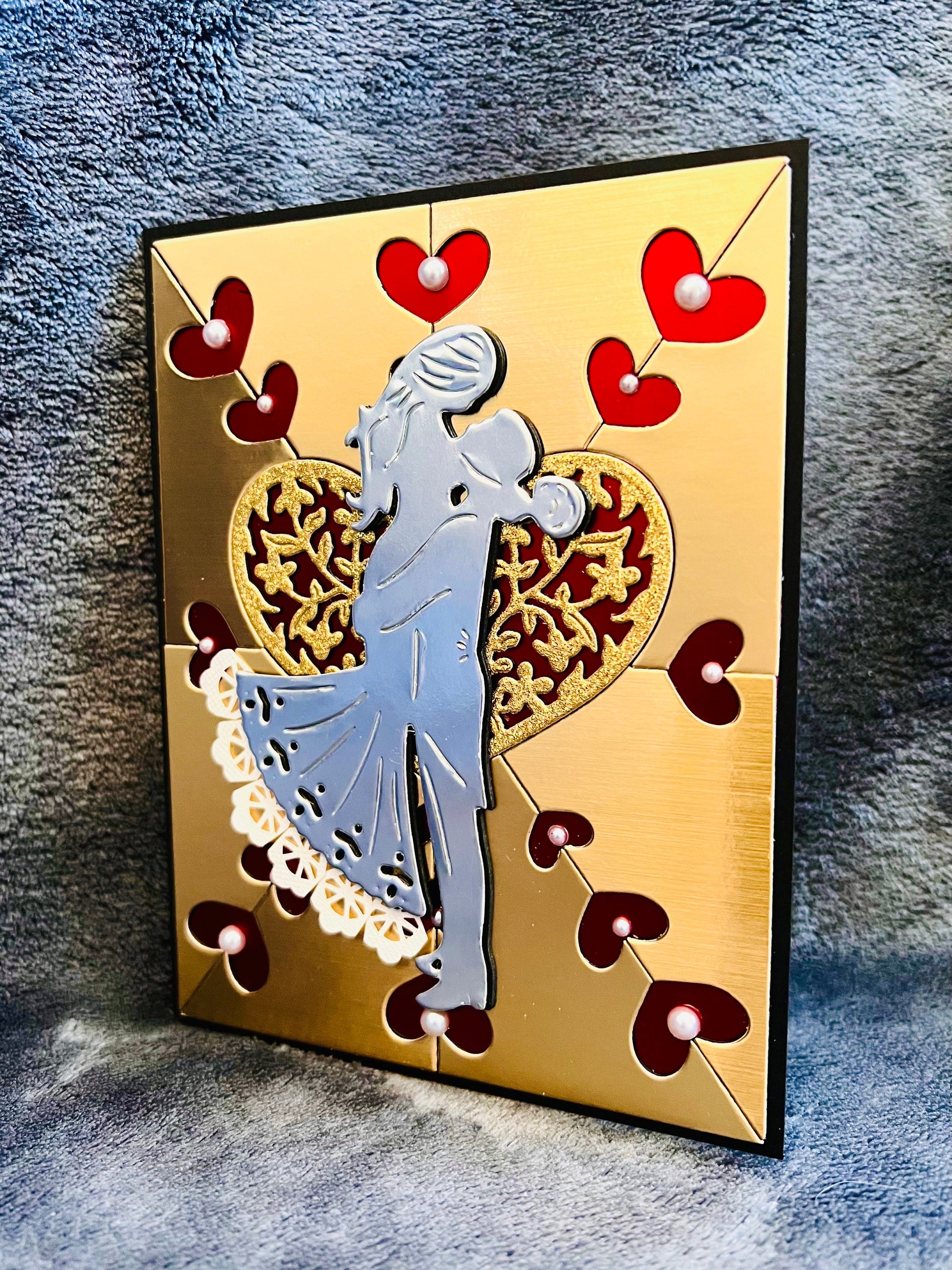 Silver Bride/Groom Silhouette on Gold Heart Cutout Background Blank Wedding Card