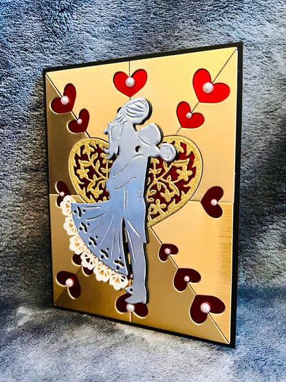 Silver Bride/Groom Silhouette on Gold Heart Cutout Background Blank Wedding Card