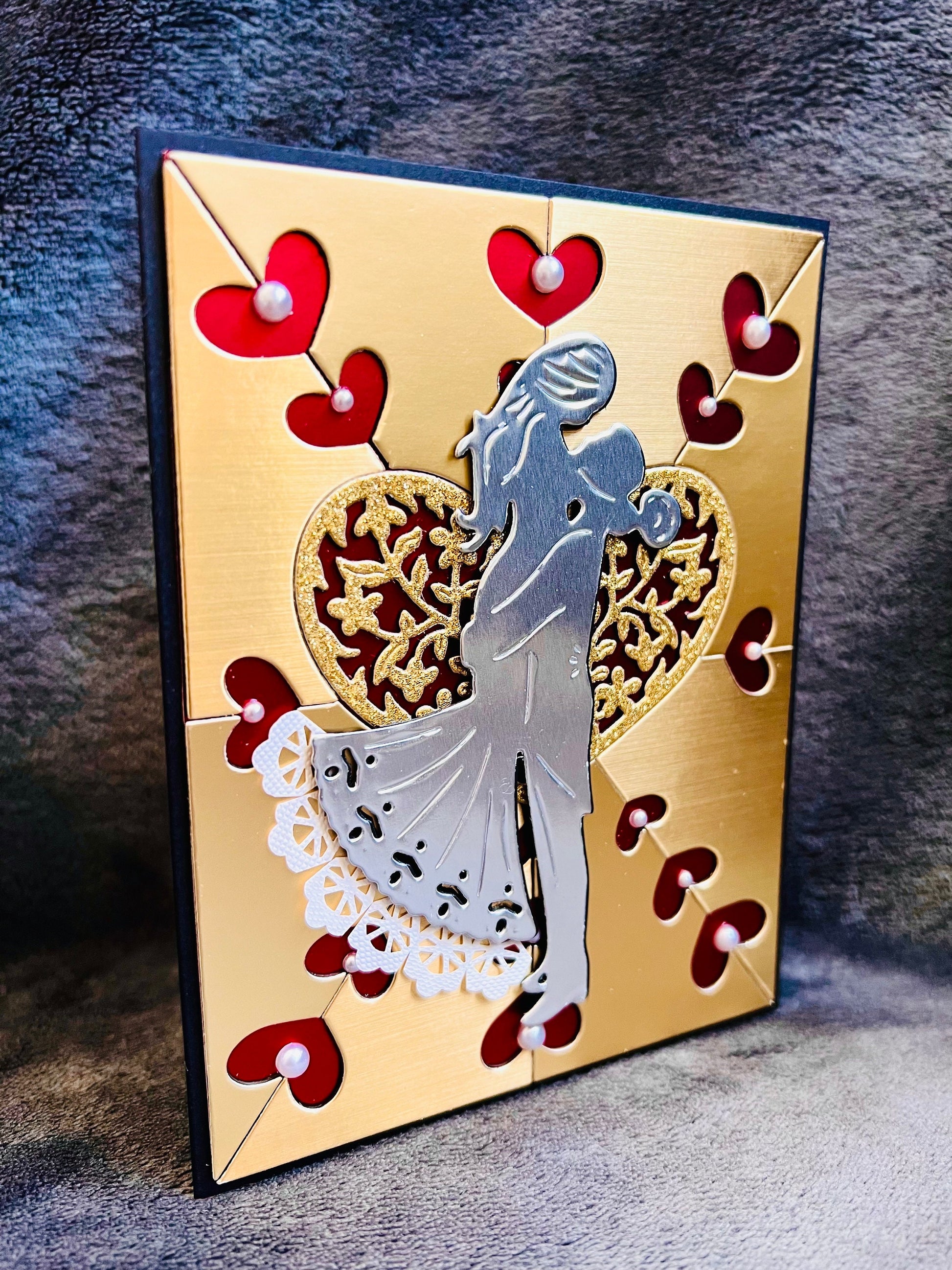 Silver Bride/Groom Silhouette on Gold Heart Cutout Background Blank Wedding Card