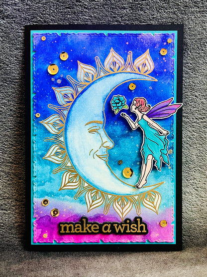 Moon Fairy Make a Wish Watercolored Sky Background Card
