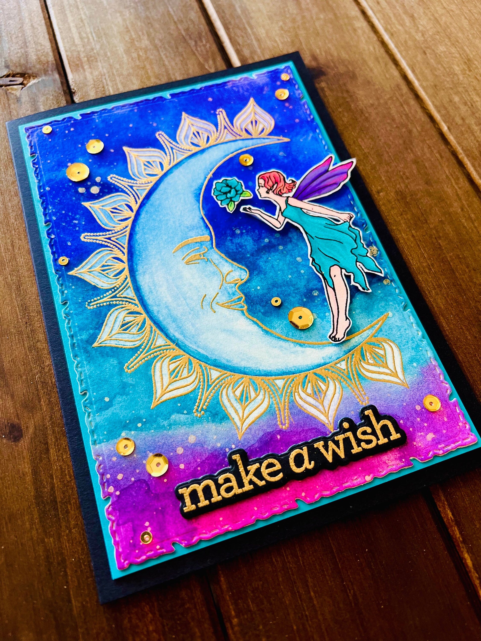 Moon Fairy Make a Wish Watercolored Sky Background Card