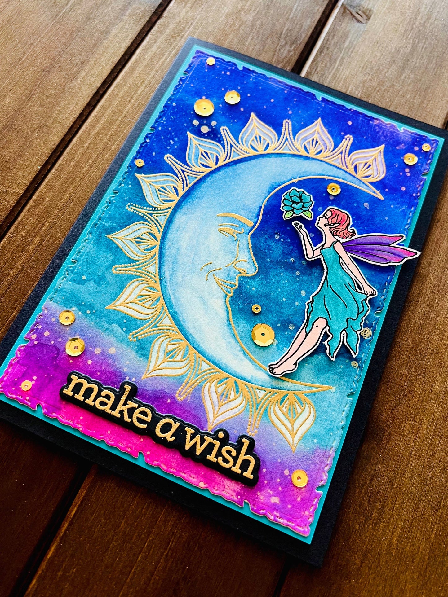 Moon Fairy Make a Wish Watercolored Sky Background Card