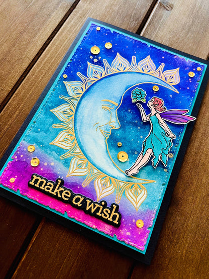 Moon Fairy Make a Wish Watercolored Sky Background Card