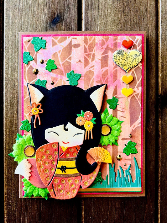 Kimono Fox Girl Doll with Forest Background Blank Card
