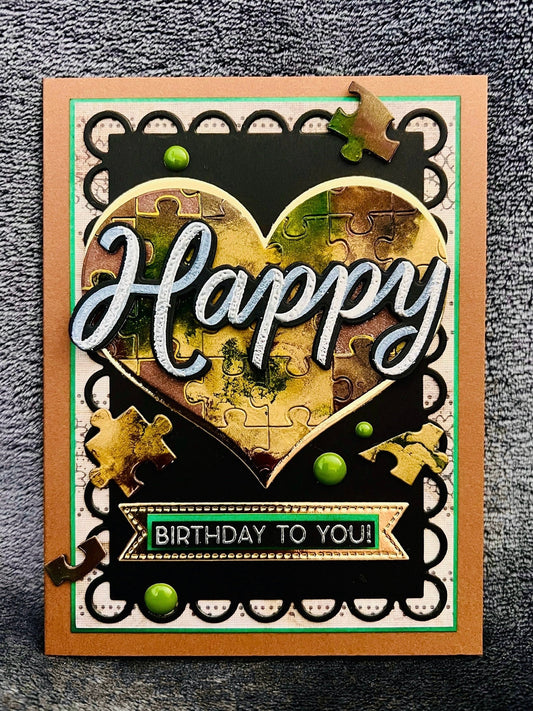 Puzzle Pieced Alcohol Ink Heart Birthday Card