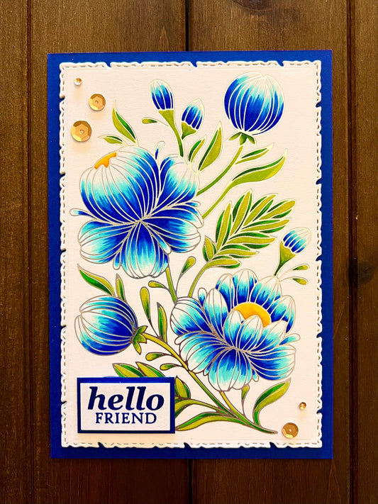 Silver Outlined Blue Florals Hello Friend Card
