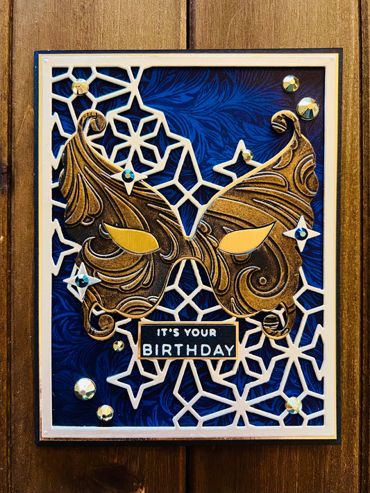 Gold Scrollwork Masquerade Mask Silver Stars Birthday Card