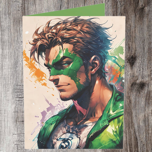 Emerald Superhero Paint Brush Strokes Artistic Render Designed by AiPhoenixArtworks Greeting Card | blank inside | 5x7 Matte Finish