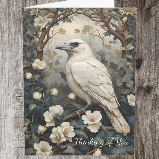 White Raven Boho Style Greeting Card | Thinking of You | Poem Sentiment | Design by AiPhoenixArtworks - 5x7 Inches
