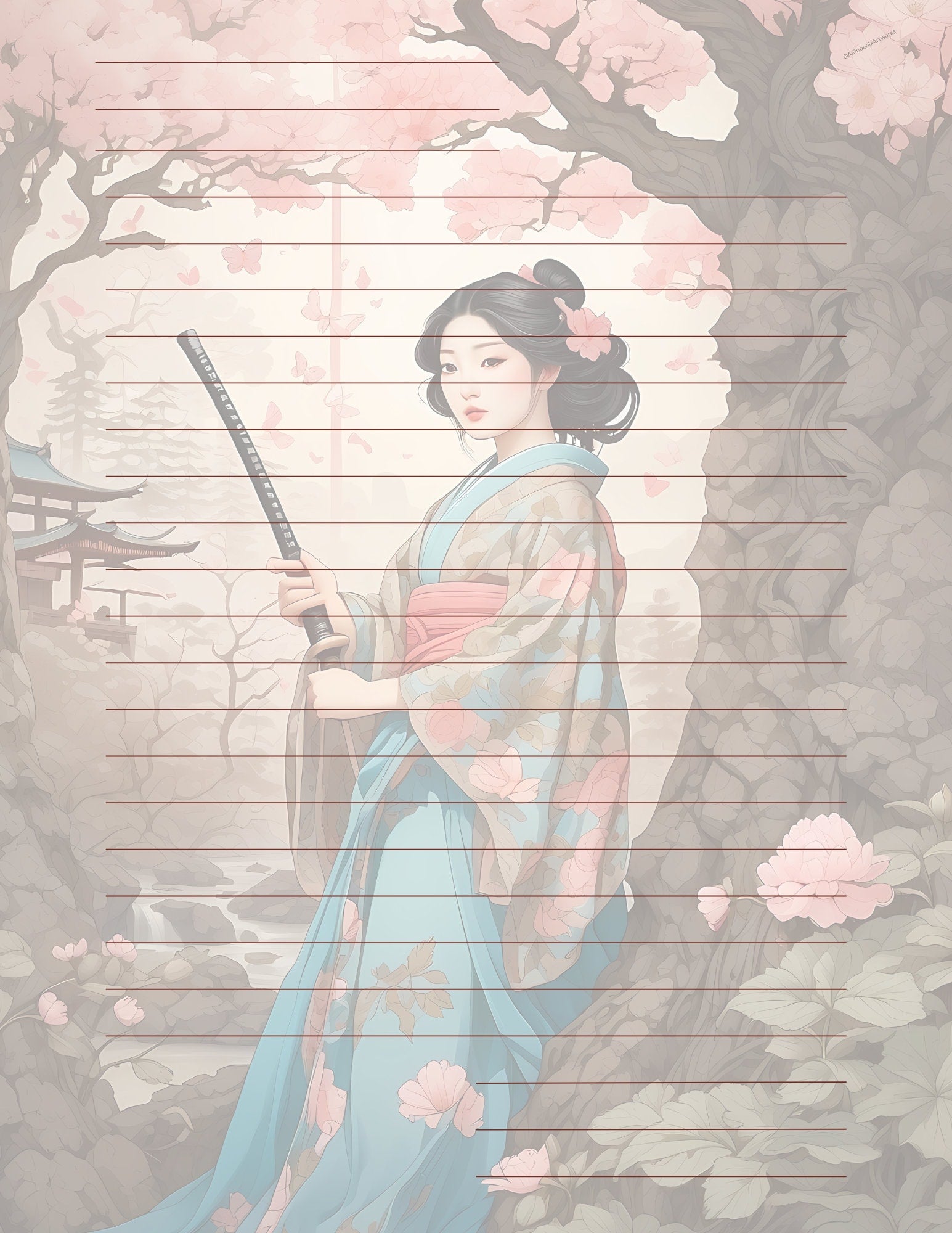 Exquisite Geisha Japanese Cottage Design by AiPhoenixArtworks, 3Pcs Stationery Set - Digital Download for Unique and Elegant Correspondence