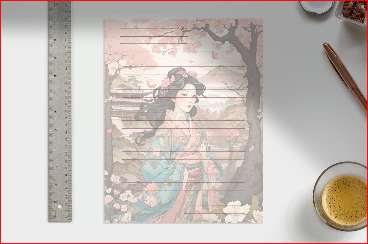 Exquisite Geisha Japanese Cottage Design by AiPhoenixArtworks, 3Pcs Stationery Set - Digital Download for Unique and Elegant Correspondence