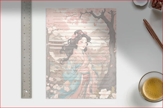 Exquisite Geisha Japanese Cottage Design by AiPhoenixArtworks, 3Pcs Stationery Set - Digital Download for Unique and Elegant Correspondence