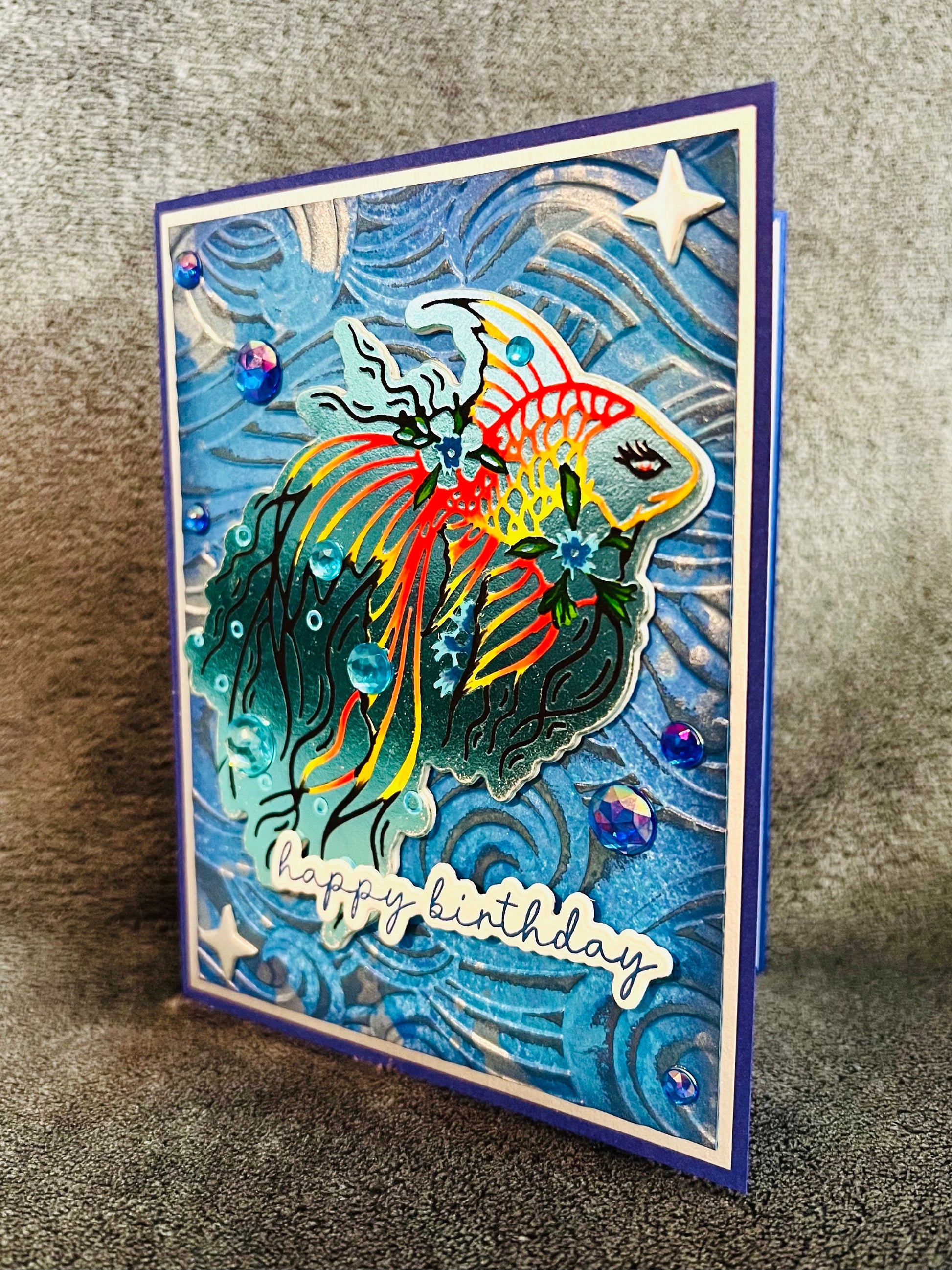 Outlined Orange and Yellow Betta Fish with Wave Background Birthday Card