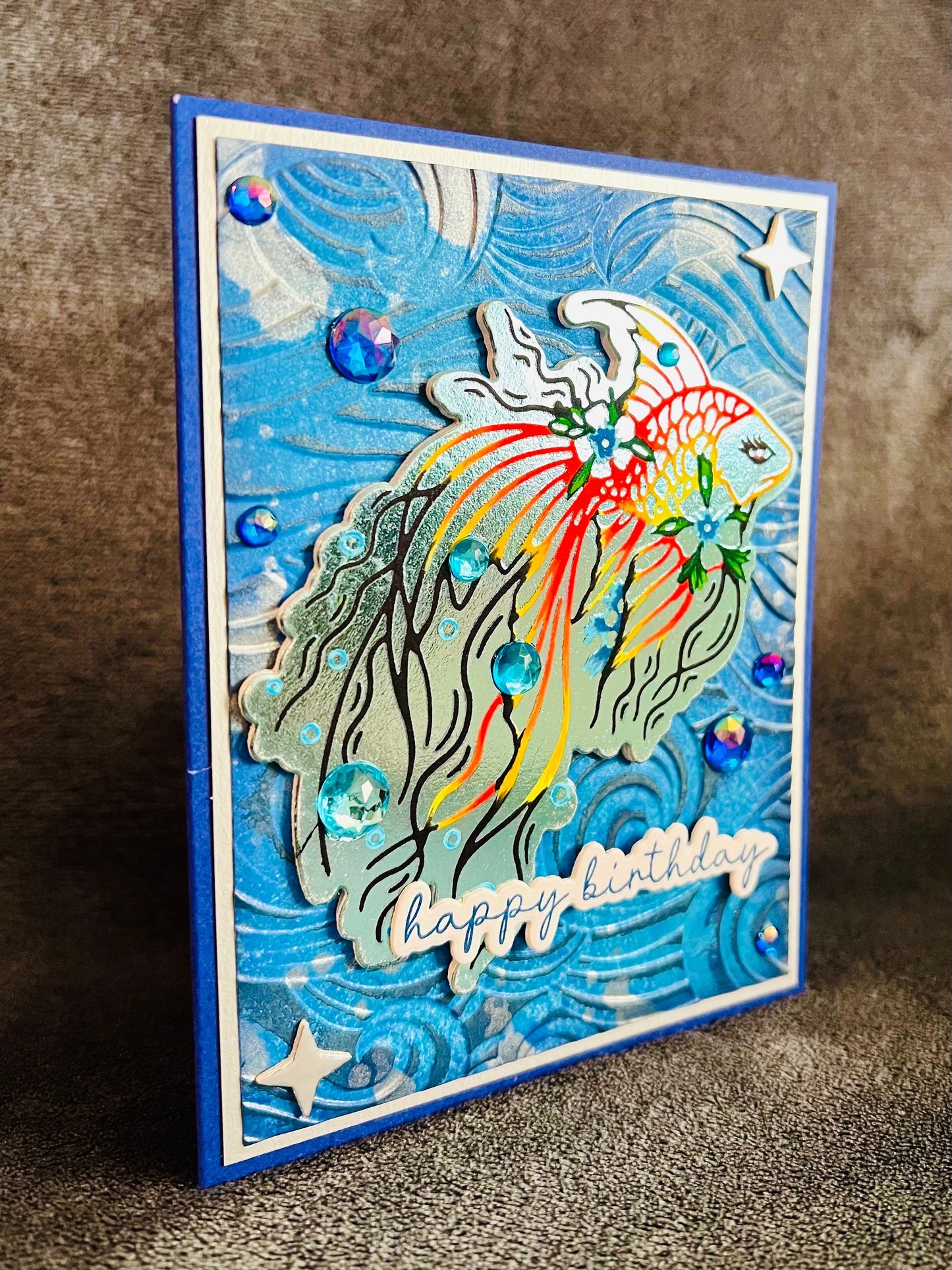 Outlined Orange and Yellow Betta Fish with Wave Background Birthday Card