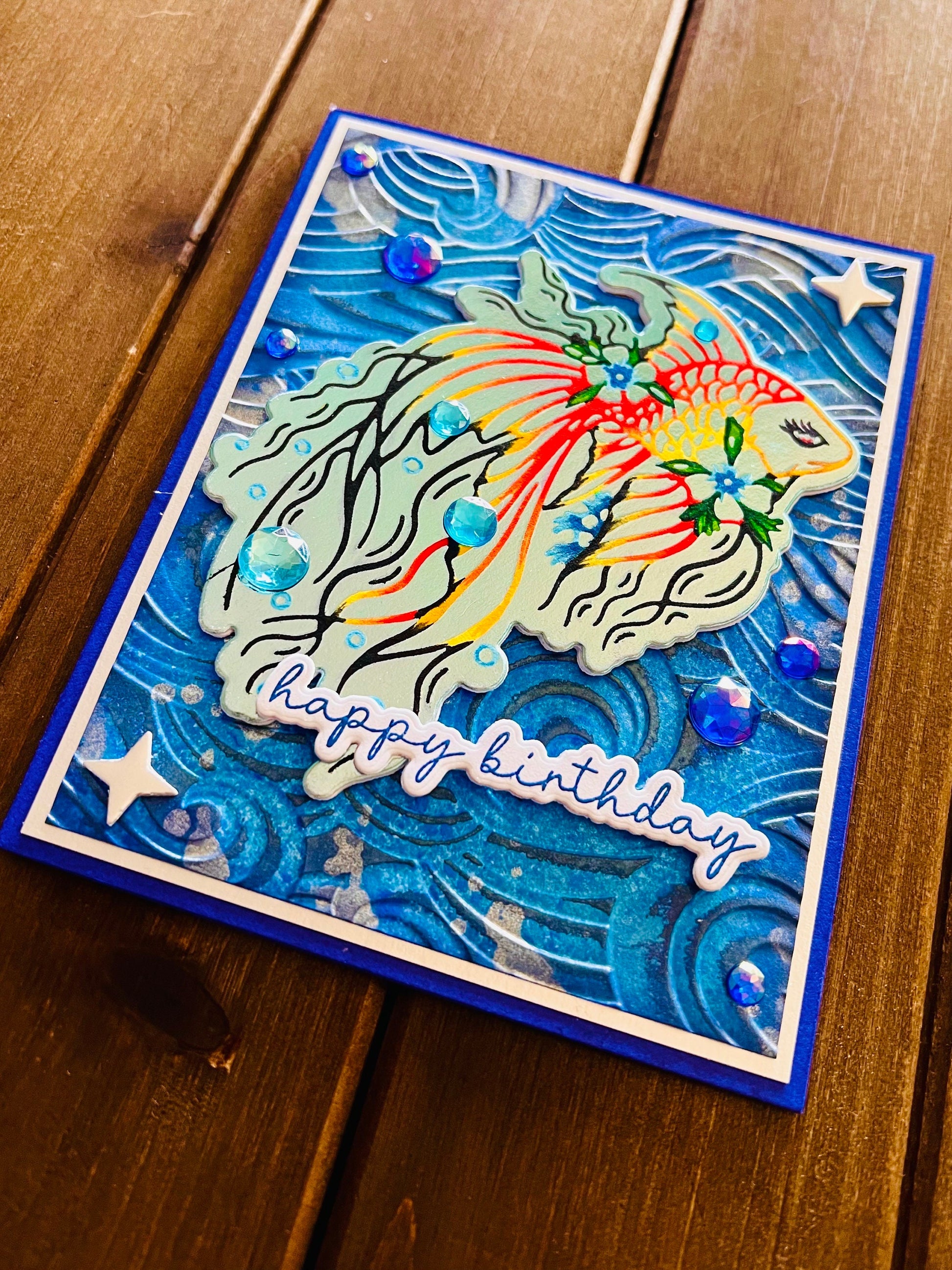 Outlined Orange and Yellow Betta Fish with Wave Background Birthday Card