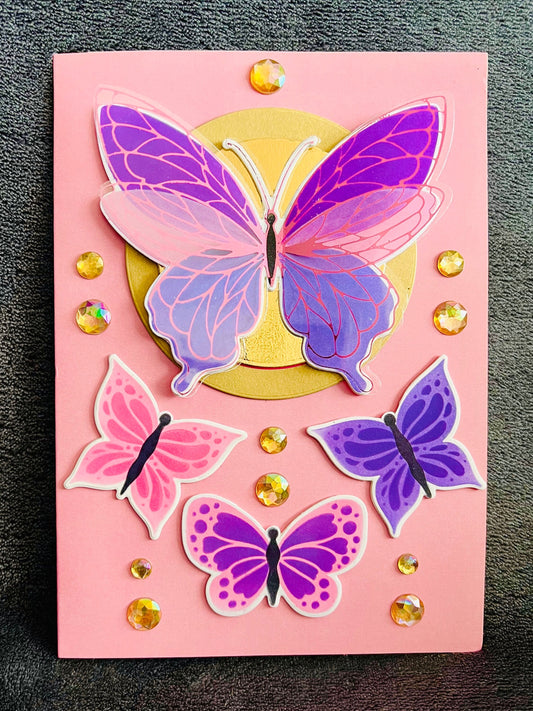 Flutter Wing Butterfly with Smaller Butterfly Trio 3D Pop Up Flower Spray Blank Card