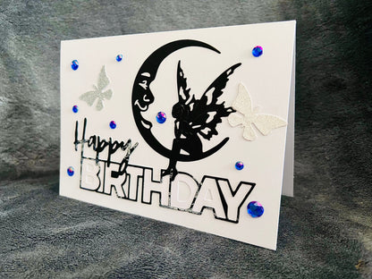Black Moon Fairy Silhouette with Silver Glitter Butterflies Birthday Card