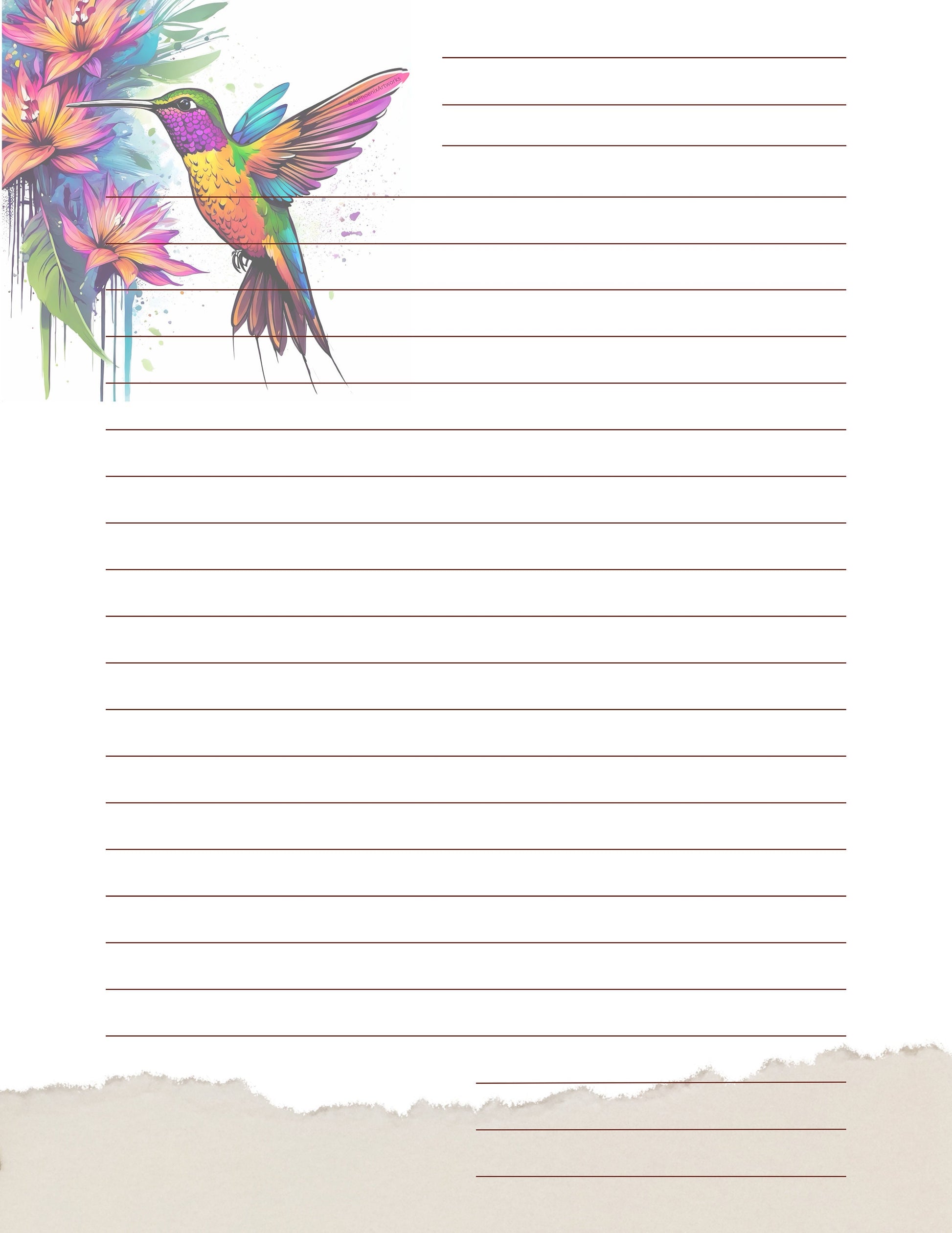 Hummingbird Artistic Paint Drip Design by AiPhoenixArtworks Stationery (3 pcs set) - Printable Digital PDF