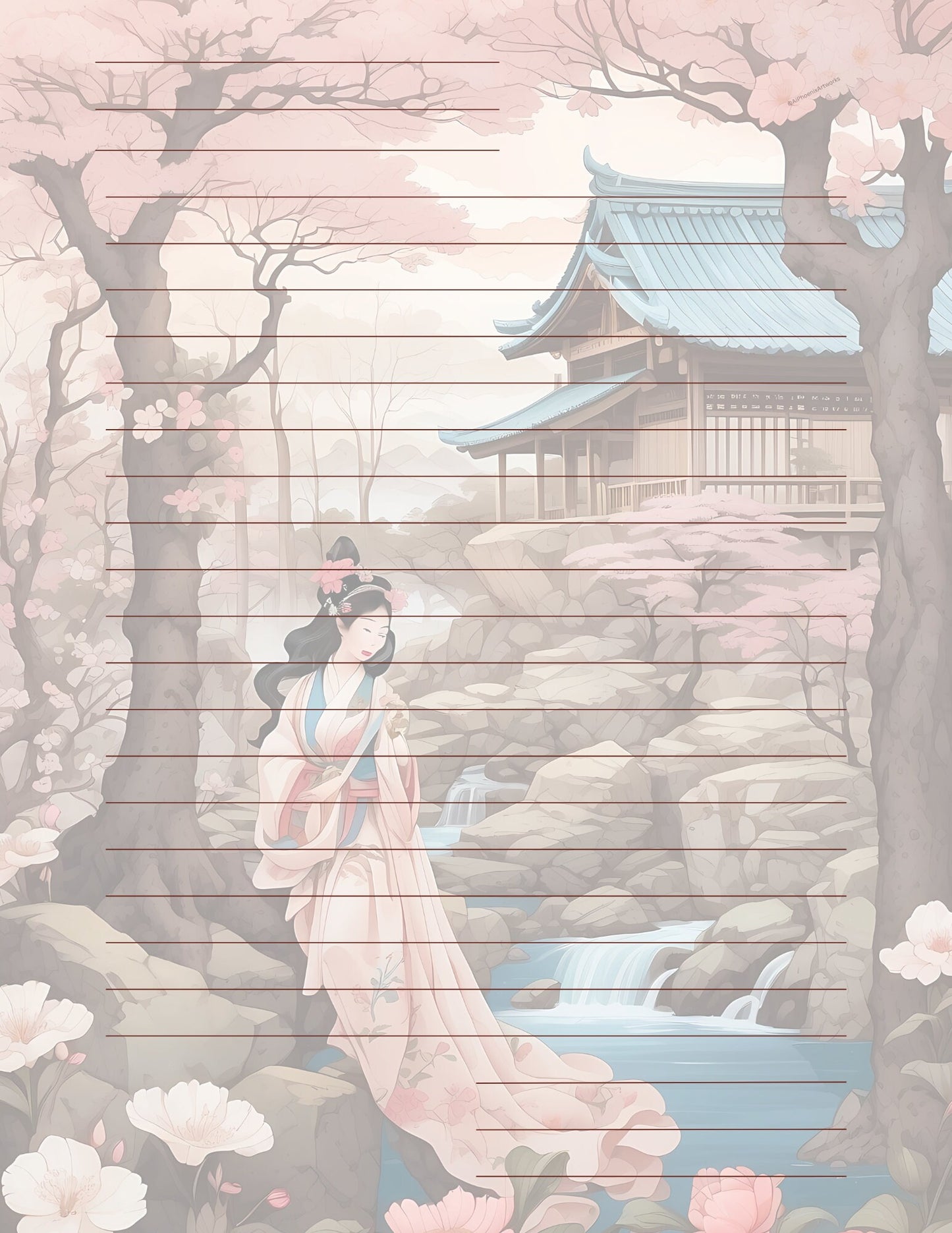 Exquisite Geisha Japanese Cottage Design by AiPhoenixArtworks, 3Pcs Stationery Set - Digital Download for Unique and Elegant Correspondence