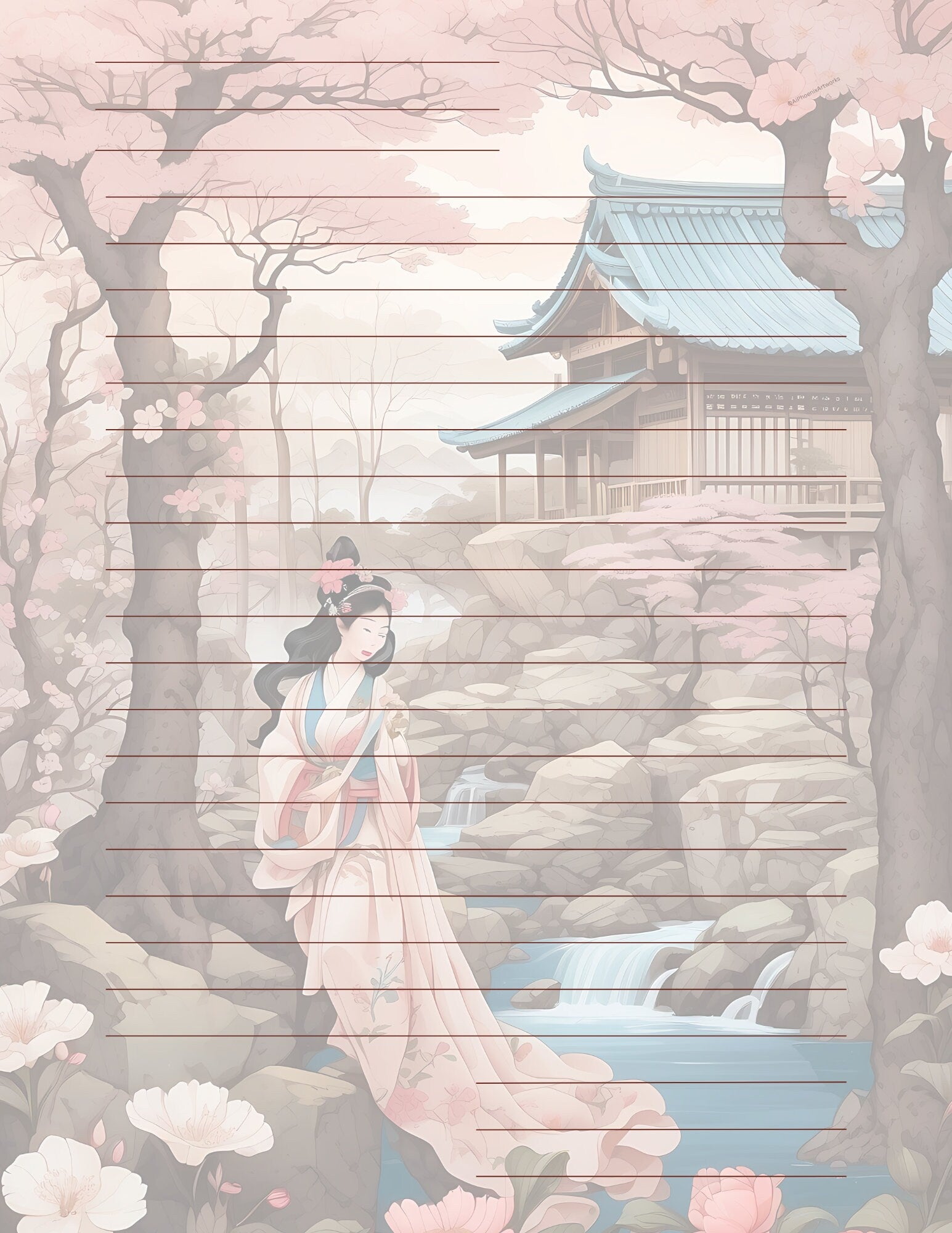 Exquisite Geisha Japanese Cottage Design by AiPhoenixArtworks, 3Pcs Stationery Set - Digital Download for Unique and Elegant Correspondence
