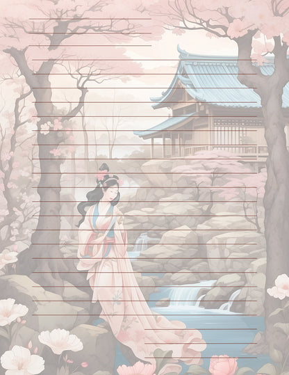 Exquisite Geisha Japanese Cottage Design by AiPhoenixArtworks, 3Pcs Stationery Set - Digital Download for Unique and Elegant Correspondence